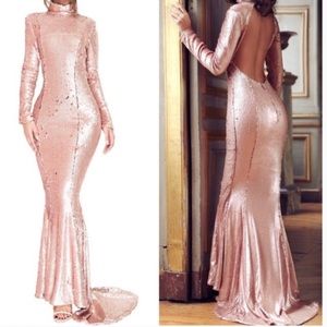 BNWT House of CB Satordi rose gold blush pink sequin long sleeve maxi dress